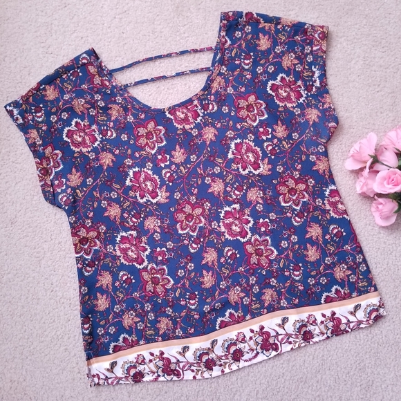 Pink Rose Tops - Dark Floral Scoop Neck Teal Green and Brown Short Sleeve Top